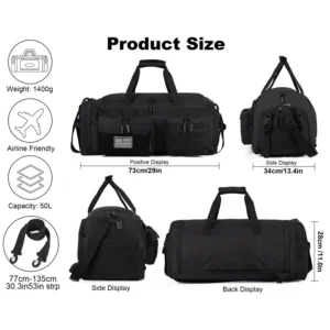 LHI 50L 3-in-1 Travel Duffle Bag – Sports & Tactical Backpack with Shoe & Wet Compartments