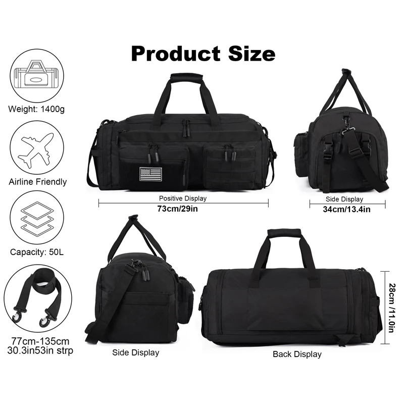 LHI 50L 3-in-1 Travel Duffle Bag – Sports & Tactical Backpack with Shoe & Wet Compartments