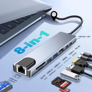 Type-C 8-in-1 USB-C Hub – 4K HDMI, RJ45, SD/TF Card Reader & PD Charging