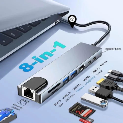 Type-C 8-in-1 USB-C Hub – 4K HDMI, RJ45, SD/TF Card Reader & PD Charging