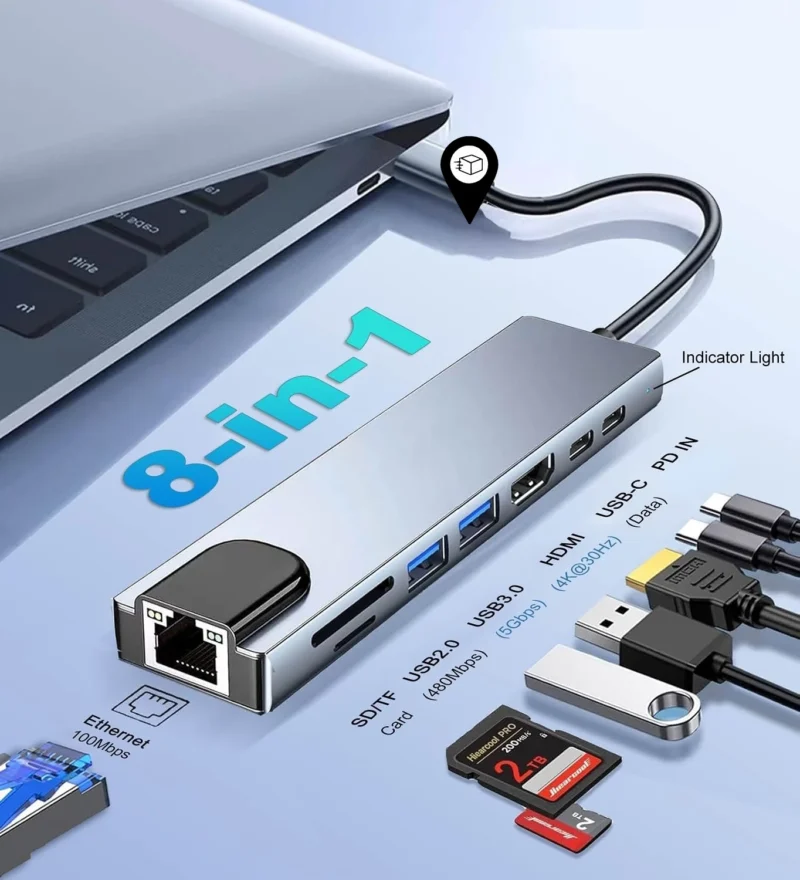 Type-C 8-in-1 USB-C Hub – 4K HDMI, RJ45, SD/TF Card Reader & PD Charging
